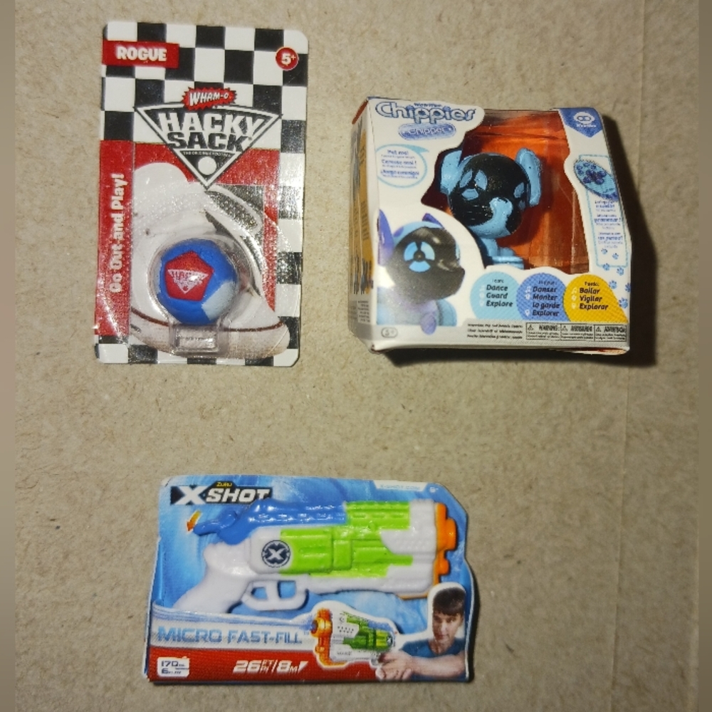 Zuru TOY Mini Brands Lot - Hacky Sack, X Shot Gun, Chippies Robot Dog